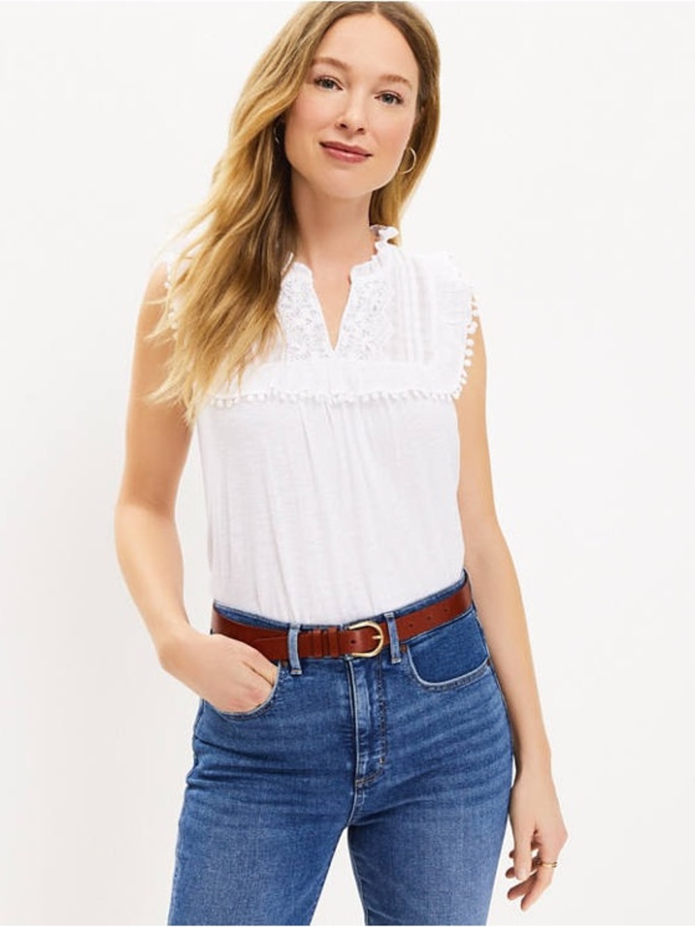 LOFT White Lace-Trim Ruffled Sleeveless Blouse